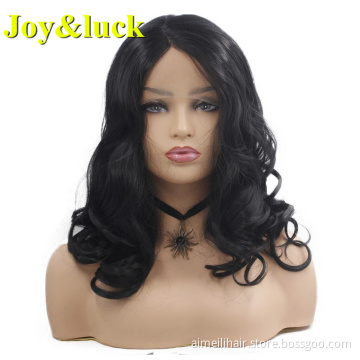 Wholesale Price Ladies Hair Daily Wear Natural Waves Lacefront Synthetic Wigs Black Color Short Curly Middle Part Women Hair Wig